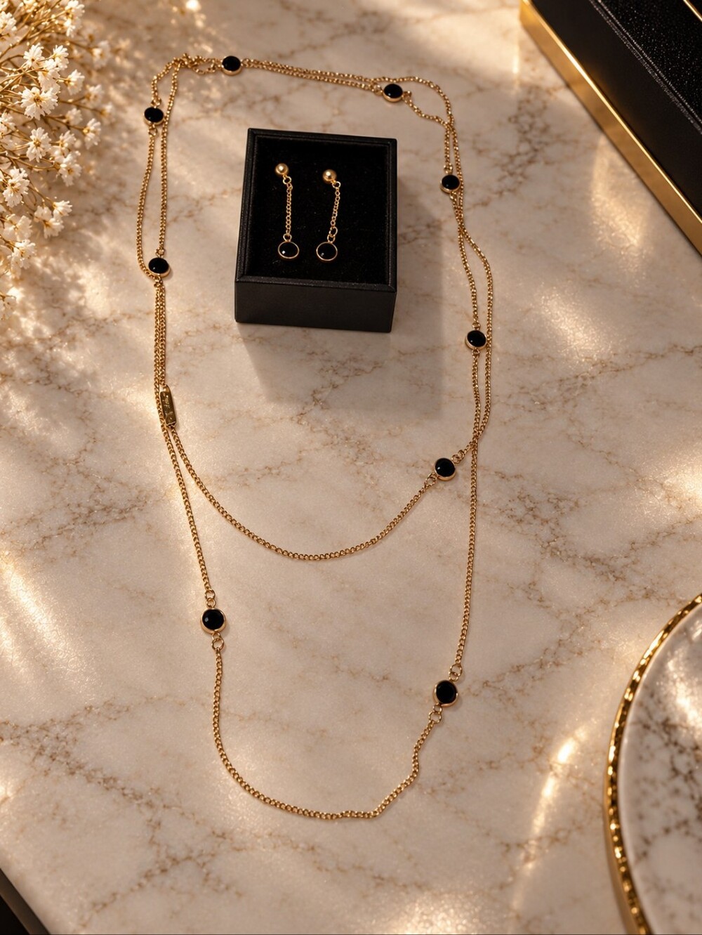 Vintage Sarah Coventry Gold Layered Necklace with Black Stone Accents And Earrin